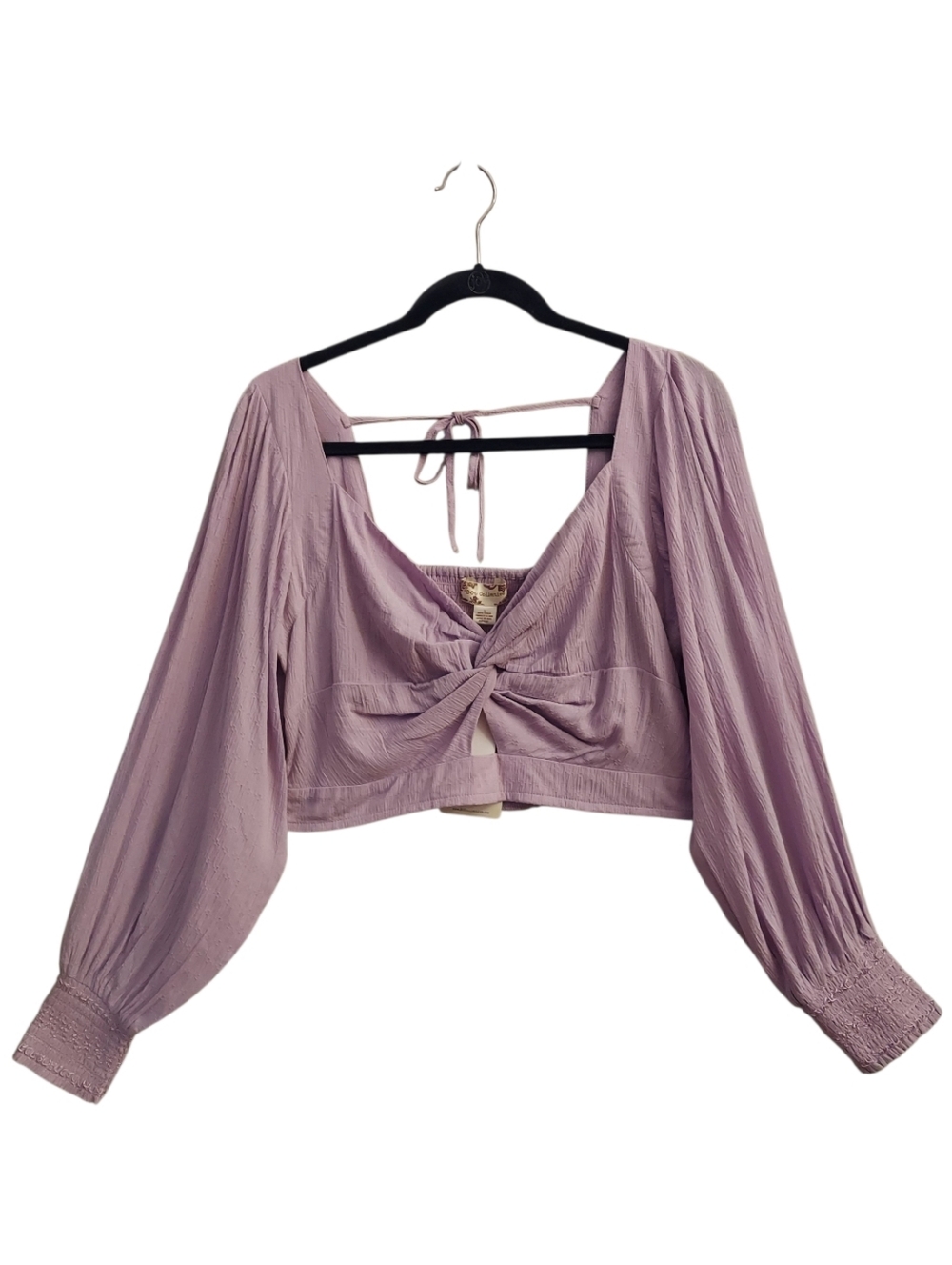 BOG Collective Cropped LS Boho Smocked Gauzy Lilac Twist Front Top NEW L